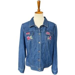Vintage 90s Y2K Boho Christopher & Banks Embroidered Floral Denim Jacket Size XL